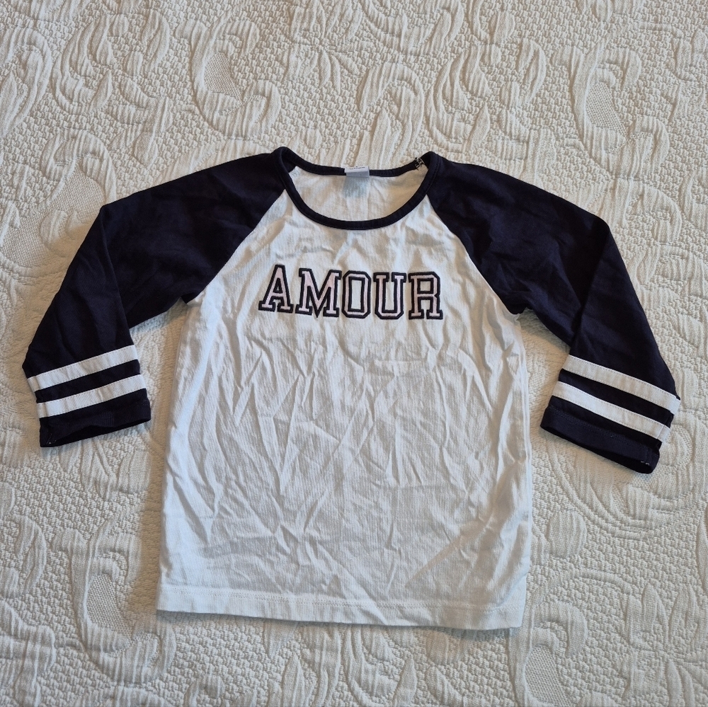 Janie and Jack girls size 4 white with navy 3/4 sleeve AMOUR shirt VGUC